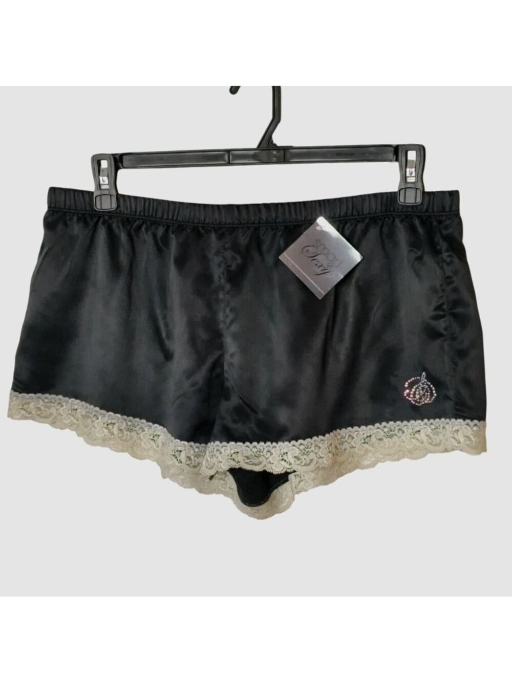 Smart Sexy Womens XL Sleep Shorts Black Satin Lace Rhinestone Detail New